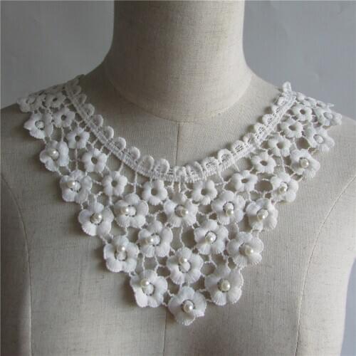 White ABS pearl Embroidered Lace Collar Neckline Venise Applique Embroidery on Patches Sewing FabricTrim DIY Accessories YL110
