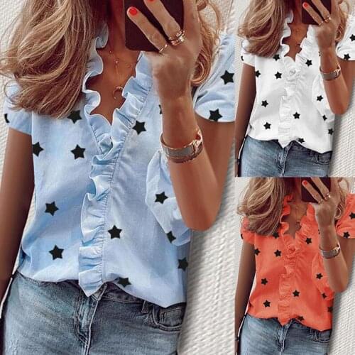Women V Neck Ruffle Star Print Short Sleeve T-shirt Ladies Blouse Shirts Tops -OPK