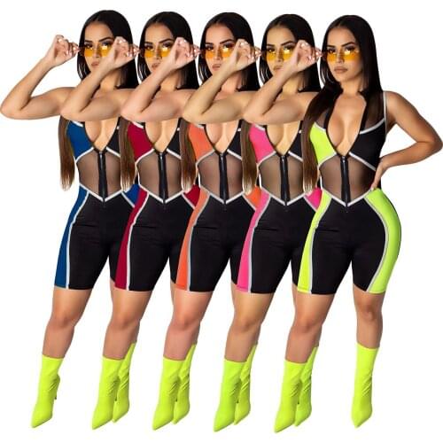 Women Sleeveless Romper Bodycon Jumpsuit Bodysuit Short Pants Zipper Playsuit Mesh Slim Fit Sports Fitness Jumpsuit Streetwear