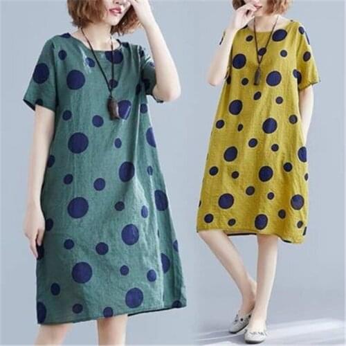 2021 Summer Fashion New Mid-Length Literary Fan Printing Round Neck Short-Sleeved Cotton And Linen Comfortable Dress Female H006