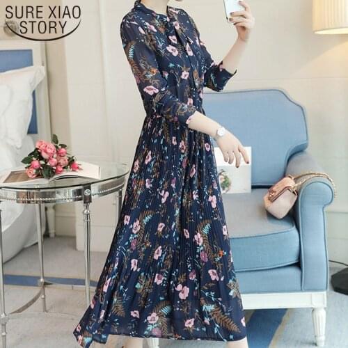 2021 spring ladies elegant dress Print A-Line Bow Empire chiffon dress Fashion women dresses Bow long sleeve dress 3669 50