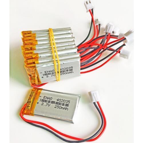 10 pcs 3.7V 250mAh battery JST 2.54mm 2 pin 402035 Lithium Polymer Li-Po Rechargeable Handheld GPS Battery Mp3 GPS bluetooth