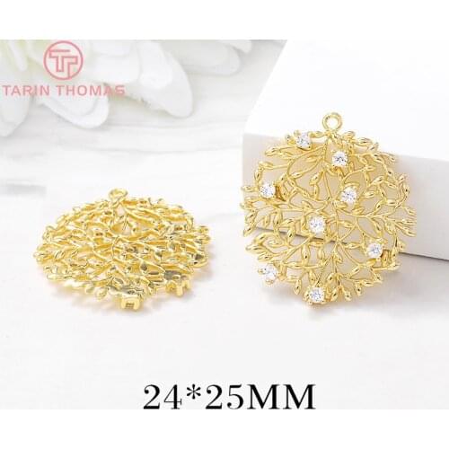 4PCS 24x25MM 24K Gold Color Plated Brass with Zircon Hollow Round Connector Charms Pendants High Quality Diy Jewelry Accessories