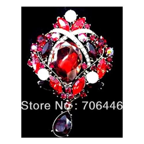 4" Vintage Elegant Bronze Plated Large RED Rhinestone Crystal Diamante Water Drop Party Brooch Pins Gifts