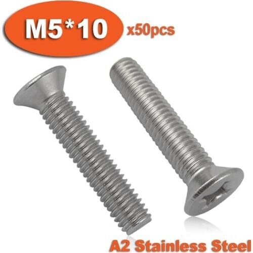 50pcs DIN965 M5 x 10 A2 Stainless Steel Screw Cross Recessed Countersunk Flat Head Screws