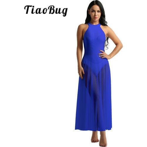 TiaoBug Women Sleeveless Mesh Ballet Tutu Leotard Dress Ballerina Stage Dance Costume Gym Bodysuit Gymnastics Leotard Long Dress