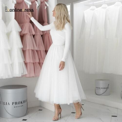 White Tulle Puffy Evening Dress Long Sleeve robe de soiree longue Tea Length Prom Party Dress 2021 vestido de festa