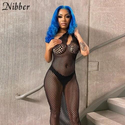 Nibber Y2k Black Mesh Gothic Maxi Dress Women Sexy Hollow Out Skew Collar Sleeveless Perspectivity Clubwear Summer 2021