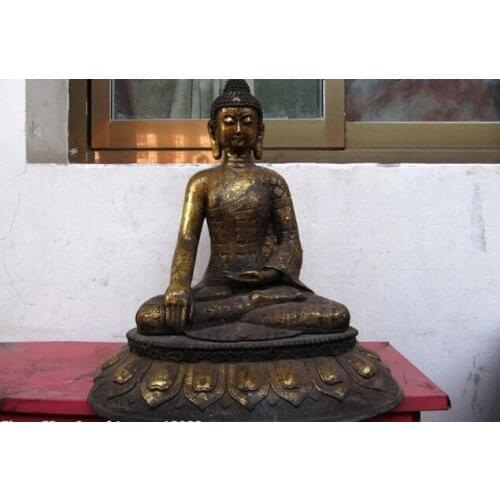 Fast shipping USPS to USA S0372 18"Tibet Buddhism Fane Exquisite Old Bronze Gild Sit Sakyamuni Buddha Statue