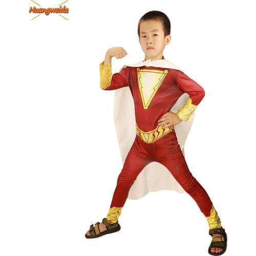 Movie Shazam Costumes kids Halloween Costume Zentai Billy Batson Superhero Cosplay Costume Boys Bodysuit Zentai Fancy Dress