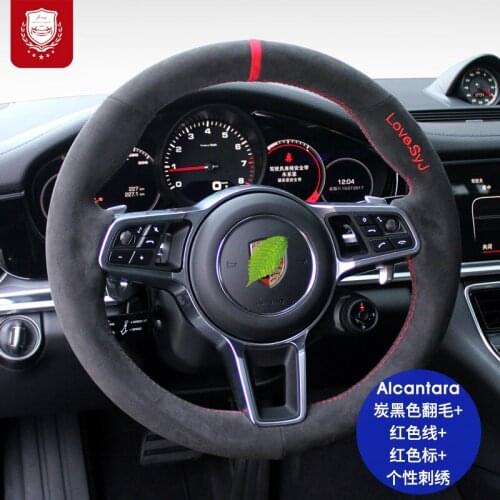Real Alcantara Red Steering Wheel Cover for Porsche Cayenne 718 911 Panamera Boxster 9YA Grip Cover Car goods car accessories