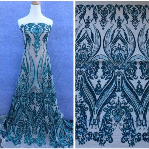 La Belleza 1 yard Green sequins on beige mesh embroidery sequins lace fabric 51'' width gown lace fabric
