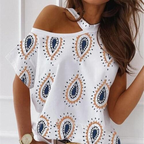 Fashion Women Short Sleeve Halter Cold Shoulder Paisley Print T-shirt Blouse Top