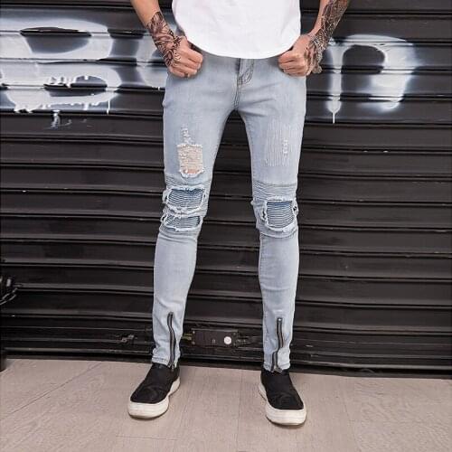 Men High Street Hip-hop Slim Destoryed Skinny Denim Pants Male ankle zipper Elastic Casual Cotton Knee Pleated Moto Biker Jeans