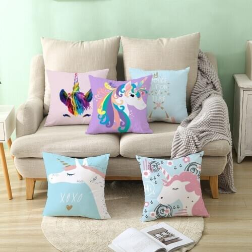 Pillowcases Cartoon Unicorn Printed Microfiber Customizable Throw Pillow Cover for Sofa/Office/Bedroom Home Decora 45*45cm 1Pc