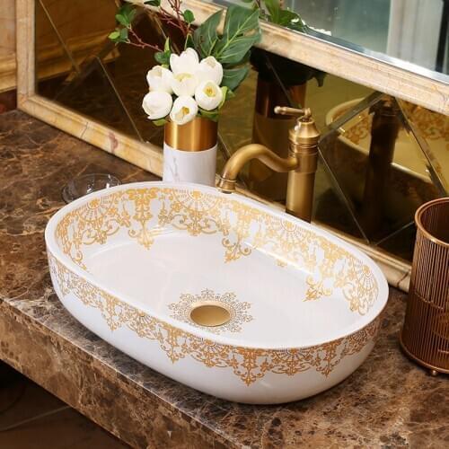 Oval Jingdezhen Bathroom ceramic sink wash basin Counter Top Wash Basin Bathroom Sinks oval lavatory white with golden color