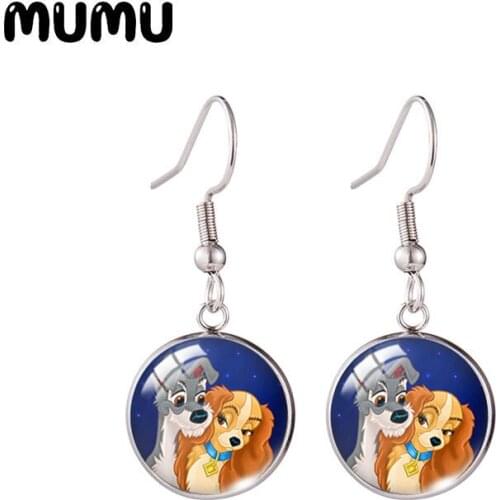 2021 New Lady And The Tramp Fish Hook Earring Cartoon Dogs Photo Round Jewelry Glass Dome Earrings Gifts Girl