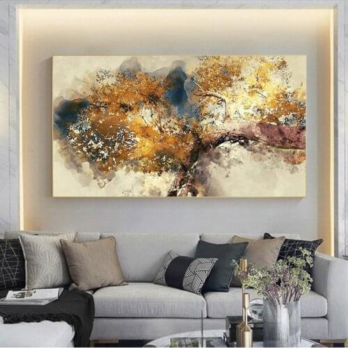 Modern Poster Abstract Brown Tree With Gold Leaf Cuadros Canvas Painting Decorative Wall Art Picture For Living Room Home Decor