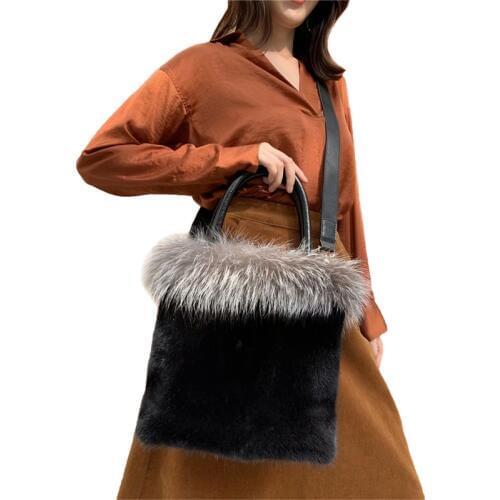 IANLAN Full-pelt Mink Fur & Rex Rabbit Fur Shoulder Bag Handbag Woman Cowhide Bottom Leisure Shopping Fox Fur Trimming IL00541