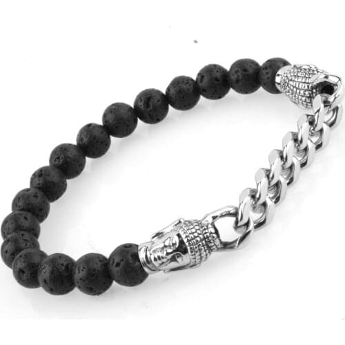 Unique 8mm Adjusted Bracelets Volcanic Rocks Beads Tiger Eye Stone Stainless Steel Dragon Head for Men Jewelry Gift