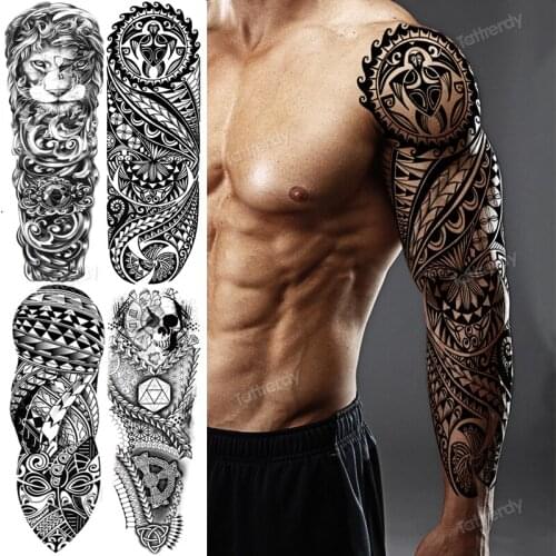 Temporary tatoo for men full arm sleeve tattoo large waterproof black tattoo stickers body art lion king machine designs robot