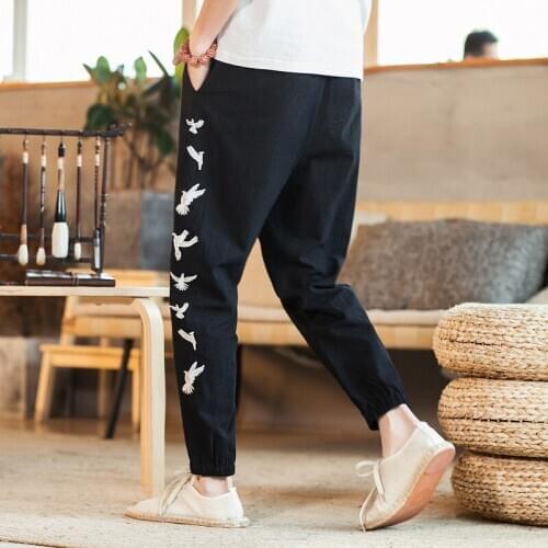 Japanese Kimono Print Pants Asian Costume Casual Long Pants Japan Style Kimono Yukata Men Trousers Kimono Pants Crane Print