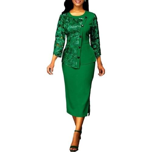 Summer Autumn Two Piece Set Women 2020 Elegant Sexy Lace Hollow Out Shirt Casual Plus Size Slim Split Office Bodycon Skirts 5XL