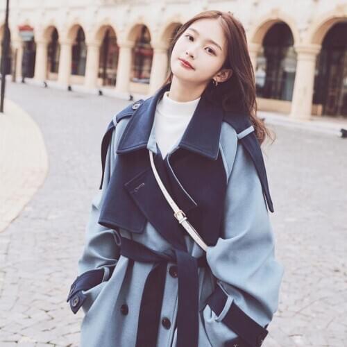 Women Blue Wool Coat 2020 New Female Autumn Winter Thicken Wool Jacket Ladies Stitching Color Overcoat Temperament Goddess Coat