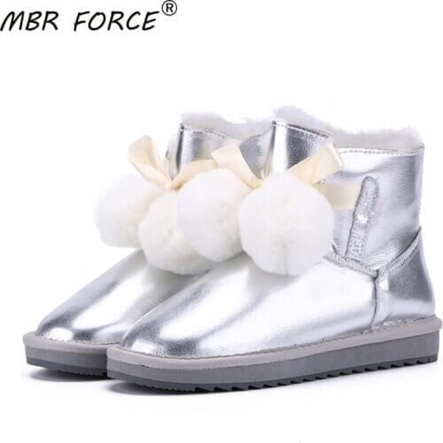MBR FORCE 2020 Genuine Leather Cowhide Leather Wool Shearling Lined Women Short Winter Boots Pom-pom Style Ankle Snow Boots Shoe