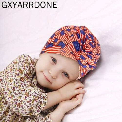 2021 Lovely Us Flag Bows Round Newborn India Hat Boys Girl Cotton Soft Knots Donut Turban Bonnet Caps Striped Baby Shower Props