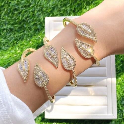 3Pcs Gold plated high quality clear crystal zircon leaves leaf open cuff bangle bracelet designs pulseras fashion jewelry