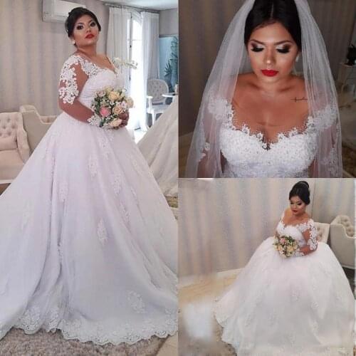 African Weddding Dresses Scoop Neck Sheer Long Sleeves Lace Appliqued Bridal Gowns Custom Made Princess Ball Gown Brides Dress