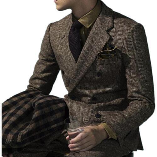 Auriparus flaviceps Brown Tweed Men Suits Latest Jacket Tuxedo Custom Style Suits Groom 2 Piece Harringbone Wedding Suits