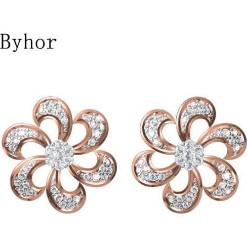 Byhor Solid 14K White/Yellow+White/Rose+White Gold 0.56ct H/SI Natural Diamonds Flower Stud Earrings Women Cерьги Fine Jewelry