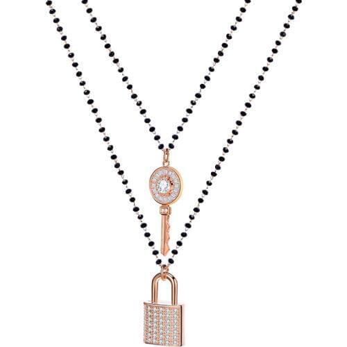 Cubic Zirconia Key Padlock Choker Necklace For Women Black Crystal Beads Chain Necklace Womens Jewelry collier femme Dropship