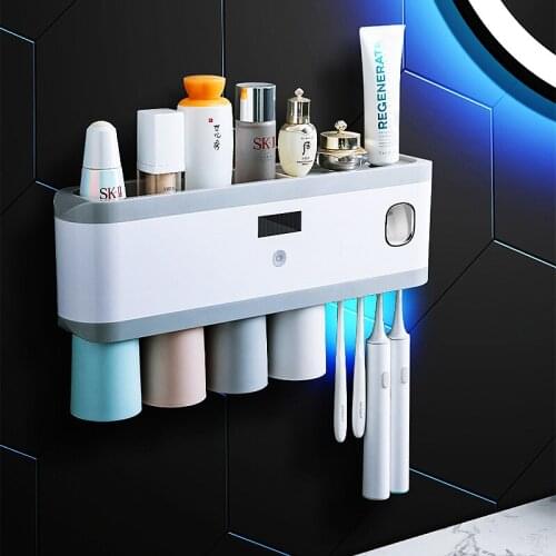 Solar Energy UV Toothbrush Holder Toothpaste Dispenser Bathroom Toothbrush Storage Box Multi-function Storage Holder USB Charge