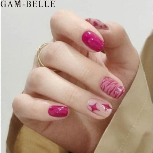 GAM-BELLE Hot Girl Fake Nails Pink Leopard Zebra Print Glitter Stars Short Artificial False Nails with Glue Manicure Decoration