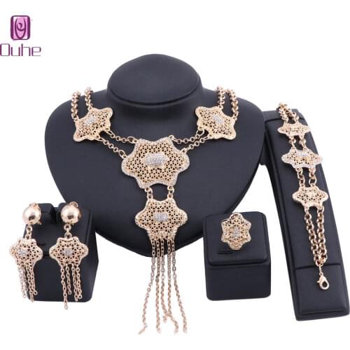 Exquisite Dubai Gold Color Jewelry Set Nigerian Woman Accessories Wedding Tassel Crystal Necklace Earring Ring Jewelry Set