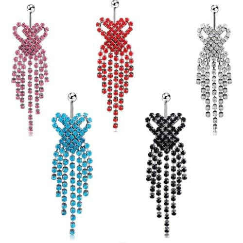 Mixed color crystal Belly button ring hearts body piercing chain tassel navel ring 14G 316L surgical steel Nickel