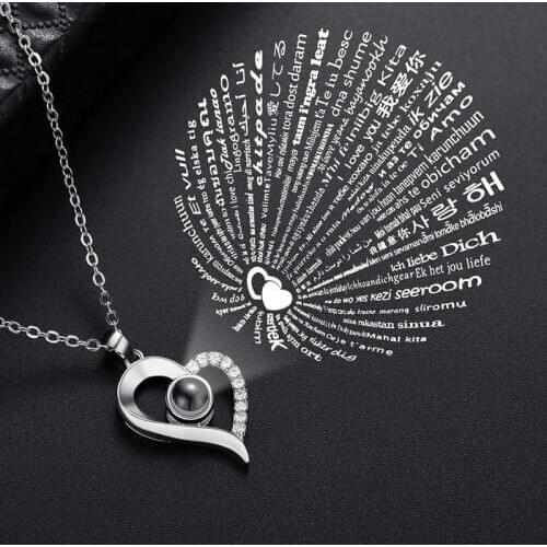 Love Heart Shaped Gold Silver I LOVE YOU In 100 Languages Projection Necklace For Memory Of LOVE choker collier Drop Shipping