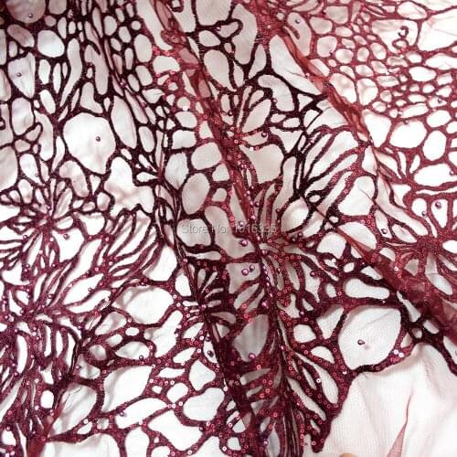 Fancy Wine red french tulle sequins lace with pearls wholesale lace fabric for evening dress HY0716-2