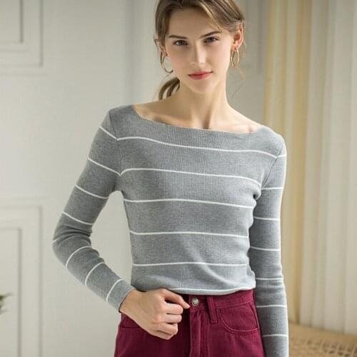 Trendy New Pop Autumn Winter Womens Sweaters Slash Neck Minimalist Striped Tops Korean Style Elegant Slim Casual SW200