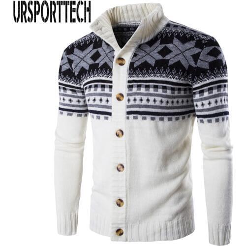 Autumn Winter Warm Christmas Sweater Men Fashion Printed Single-breasted Knit Cardigan Casual Stand Collar Mens Cardigan Sweater