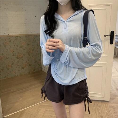 Lucyever Casual Button Women Hooded Sweatshirts Solid Long Sleeve Loose Pullovers Female Thin Autumn Woman Clothes Tops 2021 New