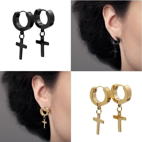 Stainless Steel Clip On Non Piercing Earrings For Women Men Black Gold Color Cross Gothic Punk Rock Drop Pendientes Mujer Moda