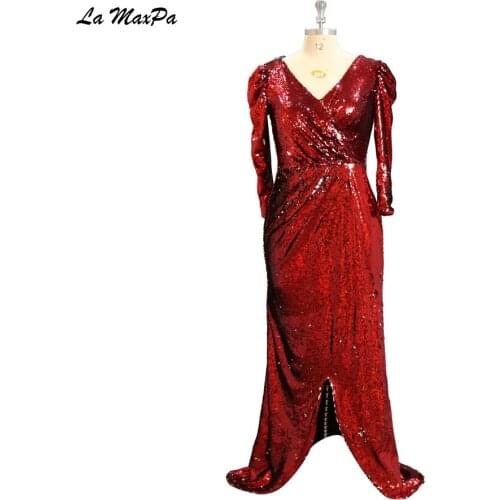 Sexy Front Slit Long Sleeves shinny Wine Red Sequin Prom Dress CMT66