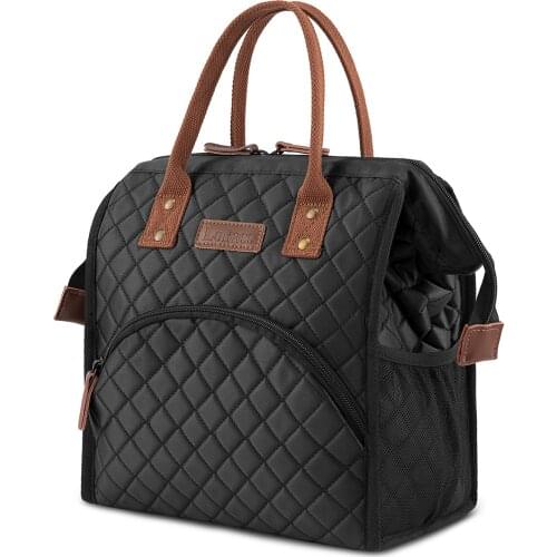 LOKASS lunch bag insulated lunch box wide open lunch tote bag durable PU leather snack storage bag