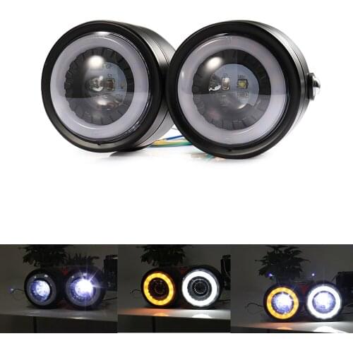 LED Double Light Retro Motorcycle Angel Eye Round Headlamp Turn Signal Yellow DRL White Aperture Lamp