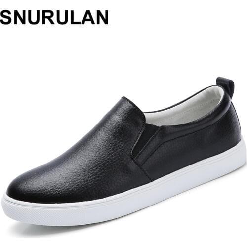SNURULANwomen slip on shoes split cow leather platform loafers comfortable breathable womens flats walking shoes white blackE092