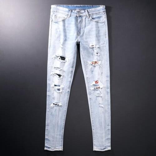 High Street Fashion Men Jeans High Quality Retro Light Blue Ripped Jeans Men Patchwork Designer Elastic Hip Hop Denim Punk Pants